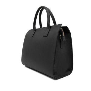 Borsa a mano con doppio manico in pelle martellata nera, con accessori oro. Claudia 187, collezione Il Gergo donna.