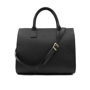 Borsa a mano con doppio manico in pelle martellata nera, con accessori oro. Claudia 187, collezione Il Gergo donna.