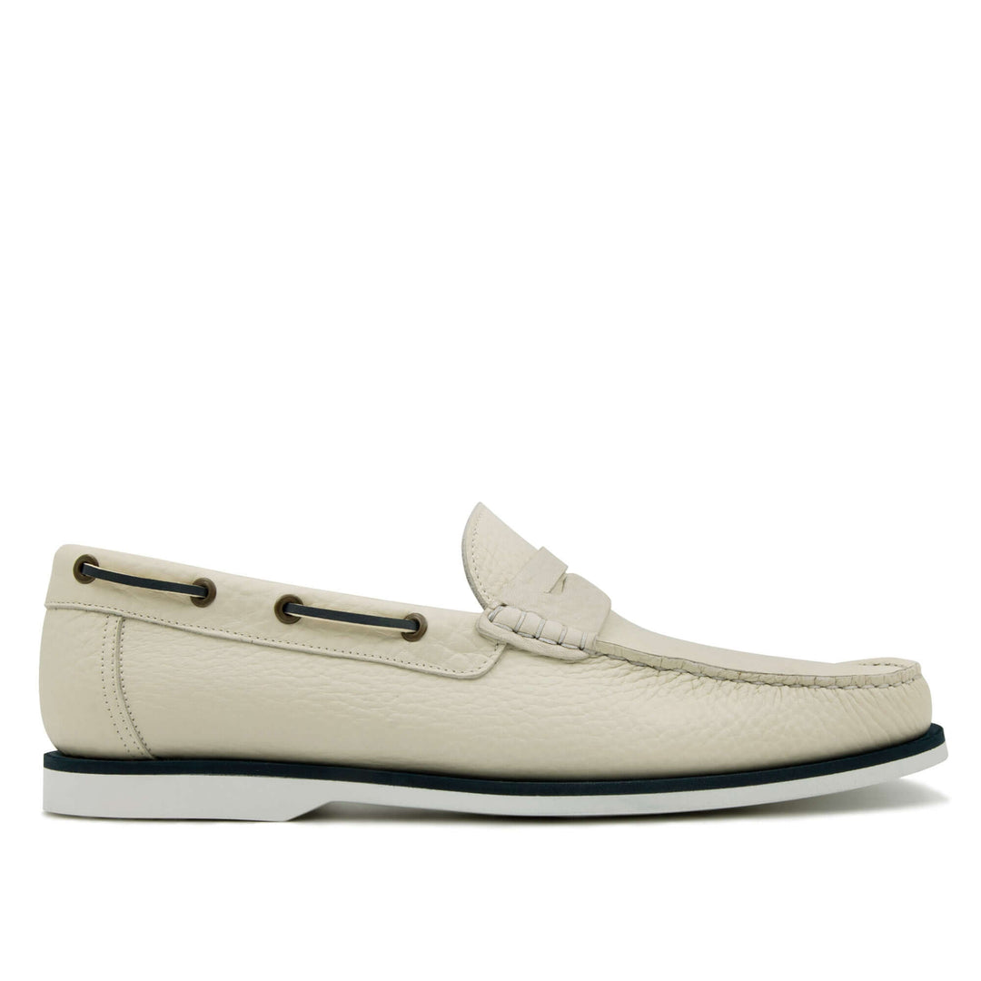 White men's boat moccasin with mask, Il Gergo collection.