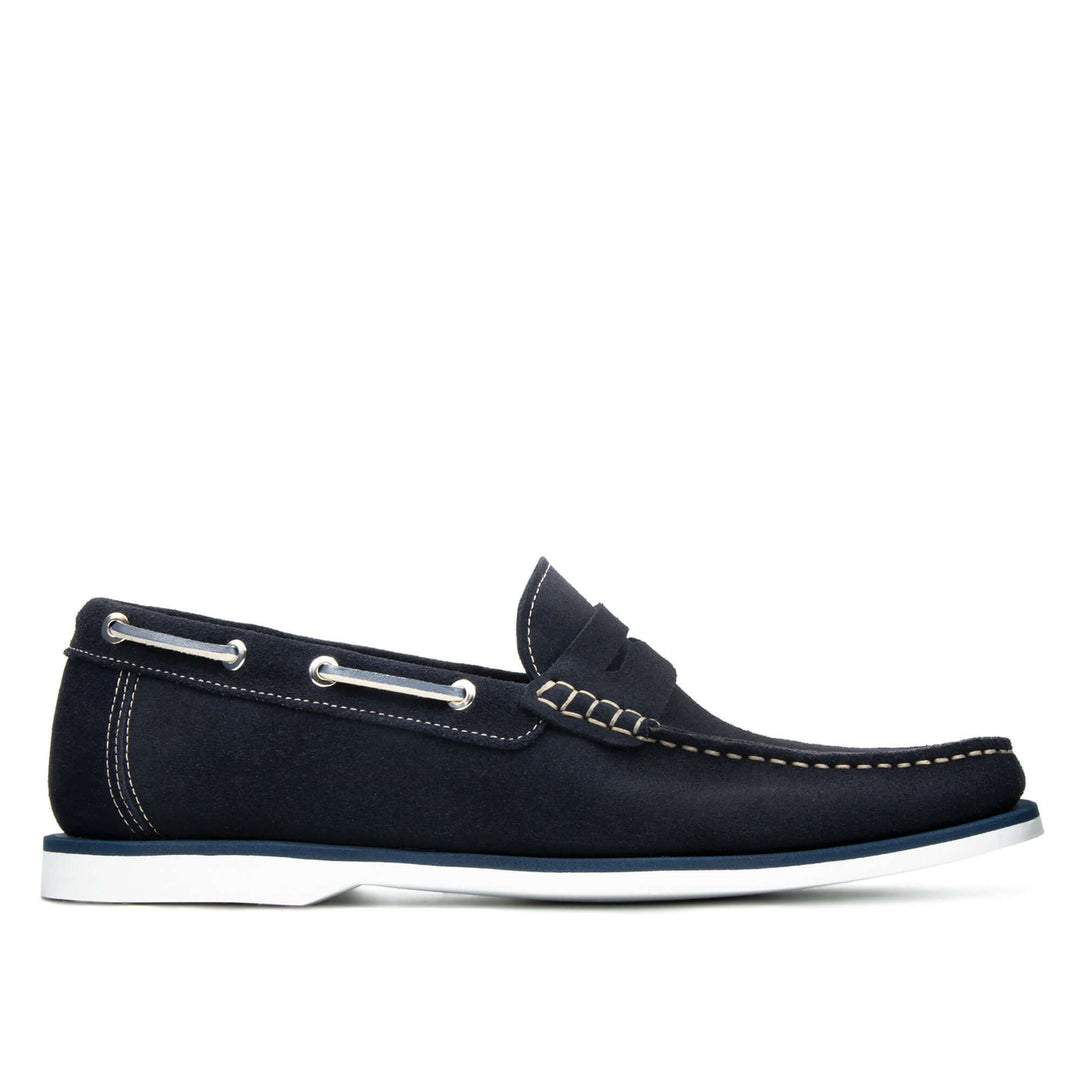 Blue men's boat moccasin with mask, Il Gergo collection.